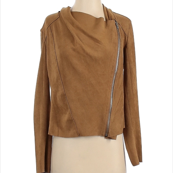 Blanknyc Drape Front Waterfall Suede Moto Jacket Camel Tan - Picture 3 of 10